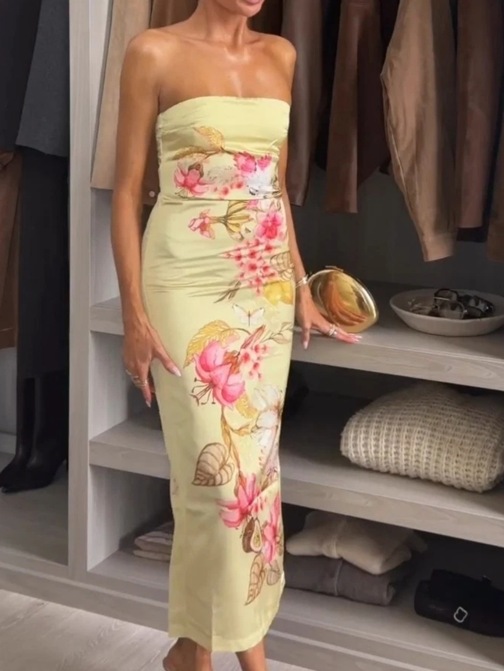 H&M Floral Bandeau Dress Satin Effect Yellow Floral Bnwt